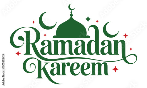 Ramadan Kareem Decorative Islamic Typography in Green with Crescent and Stars