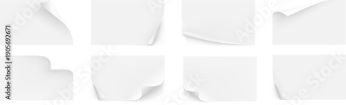 めくれた紙の質感とリアルな影表現を再現したホワイトペーパーエフェクトセット｜貼り紙・ページめくり・コーナーカール装飾に使える背景デザイン素材