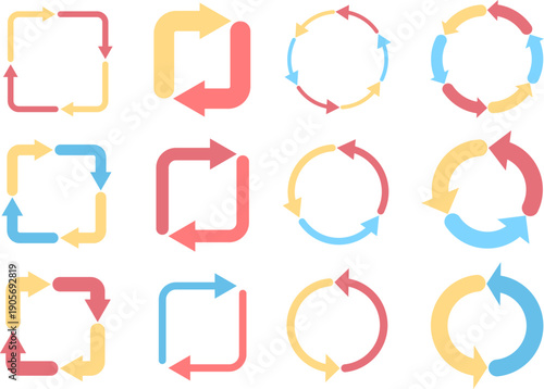 パステルカラーで構成された循環・回転・ループを表現する矢印アイコンセット　業務フローやプロセス説明に使えるフラットデザイン素材