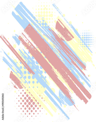 パステルカラーの手描き風ブラシストロークとドット模様を重ねた抽象背景イラスト　斜め構図の水彩タッチデザイン素材
