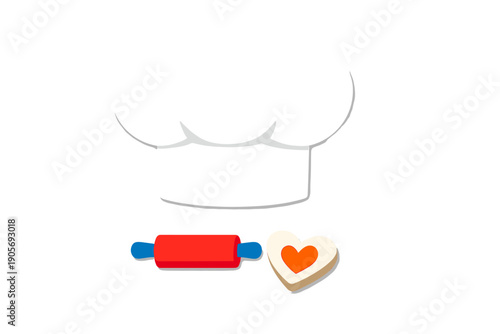 A white chef hat is positioned above a red rolling pin and a heart-shaped cookie with an orange center, all set against a solid black background in a clean illustration style.
