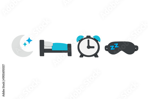 A set of four 3D icons representing sleep and nighttime, including a crescent moon with stars, a bed with a blue blanket, an alarm clock, and a black sleep mask on a black background.