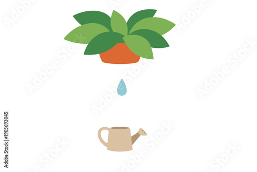 A minimalist illustration featuring a green potted plant at the top, a single blue water drop falling in the center, and a beige watering can at the bottom against a black background.