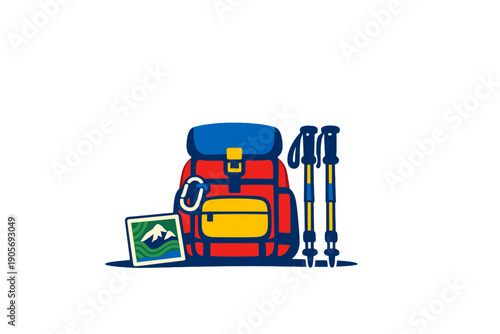 A colorful flat vector illustration of hiking equipment including a red and blue backpack, two trekking poles, a carabiner, and a mountain landscape photo on a black background.