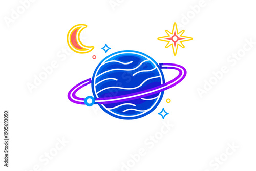 A vibrant digital illustration of a blue ringed planet surrounded by a yellow crescent moon and colorful stars against a solid black background in a neon style.
