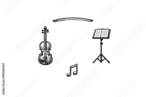 A hand-drawn illustration featuring a violin, a music stand with sheet music, and a musical note, all rendered in a classic engraving style against a solid black background.