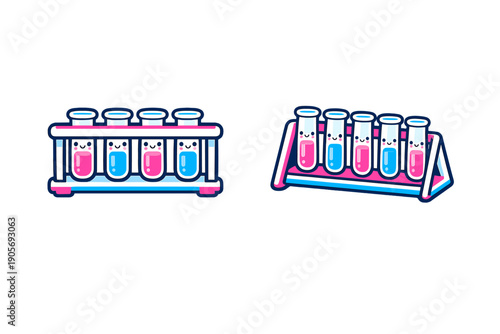 Two sets of cute kawaii test tubes with smiling faces sitting in racks. The laboratory equipment features pink and blue liquids against a solid black background in a flat style.
