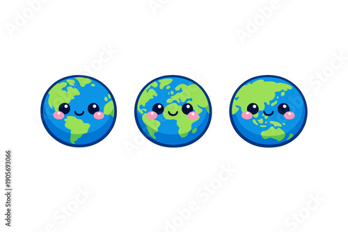 Three cute cartoon Earth globes with smiling faces and pink cheeks are arranged in a horizontal row against a solid black background. Each planet features green continents and blue oceans.