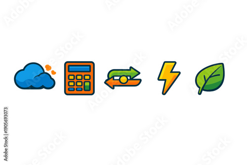 A row of five colorful icons including a blue cloud, an orange calculator, two opposing arrows, a yellow lightning bolt, and a green leaf, all set against a solid black background.