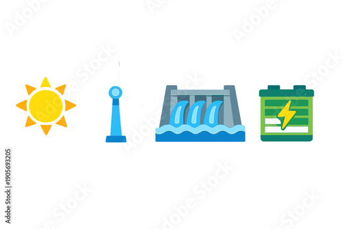 Four colorful icons representing renewable energy sources including solar, wind, and hydroelectric power, alongside a battery storage symbol, set against a solid black background.