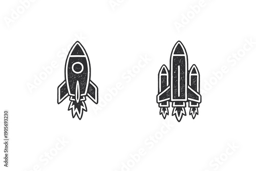 Two white hand-drawn rocket icons are displayed against a solid black background. The set includes a single rocket and a multi-stage spacecraft with side boosters and flames.