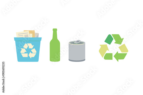 A flat illustration featuring a blue recycling bin filled with paper, a green glass bottle, a grey metal can, and a green recycling symbol, all set against a solid black background.