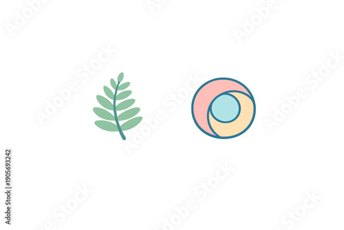 A minimalist illustration featuring a green stylized leaf on the left and a circular abstract icon with pastel pink, blue, and yellow segments on the right against a black background.