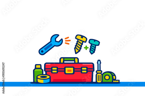 A colorful flat vector illustration of a red toolbox surrounded by various hand tools including a wrench, screws, a screwdriver, and a tape measure on a dark background.