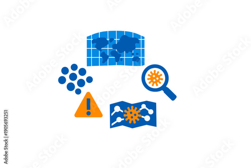This illustration features icons for global health monitoring, including a world map, a virus under a magnifying glass, a warning triangle, and data charts on a black background.