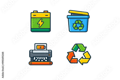 A set of four flat vector icons illustrating battery recycling processes, including a battery, a blue recycling bin, a shredding machine, and a colorful triangular recycling symbol.