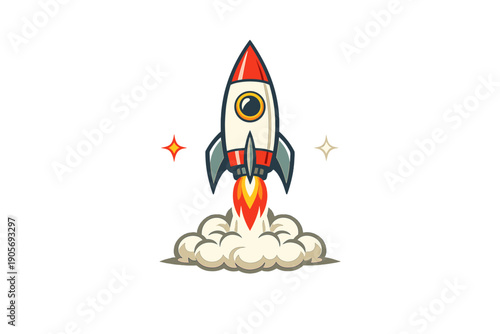 A stylized cartoon rocket ship with red and white details launches upward, emitting orange flames and white smoke clouds against a black background with two small shining stars.