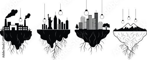 Black and white floating landmass illustration, light bulb concept, industrial pollution, cityscape landmarks, modern urbanization, natural environment, surreal artwork