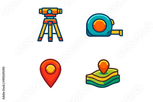 A set of four colorful icons representing land surveying and geography, including a theodolite on a tripod, a tape measure, a location pin, and a topographic map with a marker.