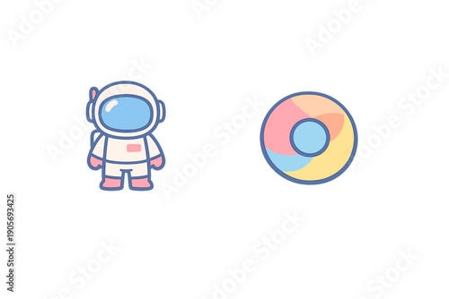 A minimalist flat illustration of a cute cartoon astronaut standing next to a colorful circular logo with pastel shades of pink, blue, and yellow on a solid black background.