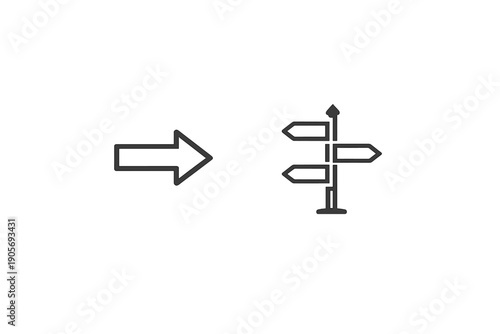 A minimalist line art illustration featuring a large arrow pointing towards a directional signpost with multiple arrows on a black background, symbolizing choice and navigation.