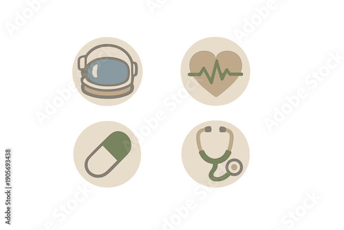 A set of four circular icons featuring an astronaut helmet, a heart with a pulse line, a medical capsule, and a stethoscope, all designed in a minimalist style with muted colors.