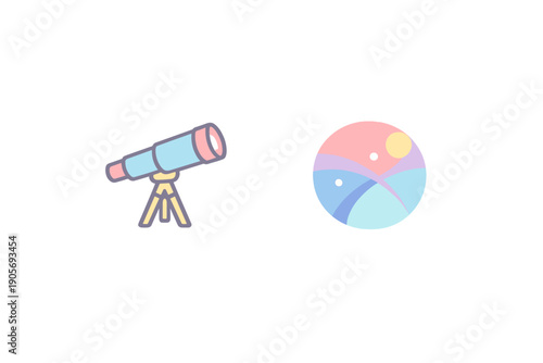 A minimalist illustration featuring a light blue telescope on a tripod next to a colorful circular planet graphic with rolling hills and celestial bodies on a black background.