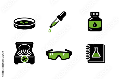 A collection of six laboratory icons featuring a petri dish, pipette, reagent bottle, centrifuge, safety goggles, and a notebook, all designed in a black and green color scheme.