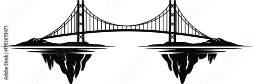 uspension bridge silhouette with surreal mirrored reflection, black and white design, architectural concept art, imaginative landscape illustration environment
