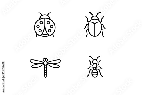 A collection of four minimalist white line art icons representing different insects, including a ladybug, beetle, dragonfly, and ant, set against a solid black background.