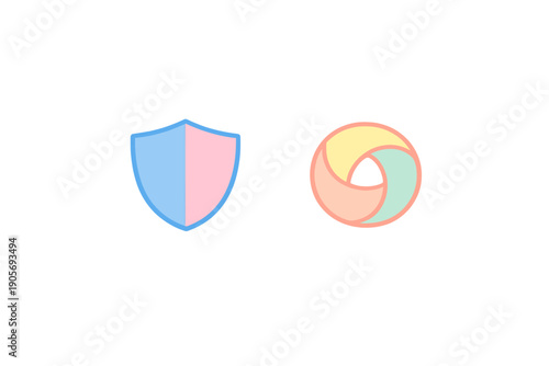 A minimalist illustration featuring a blue and pink shield icon next to a circular pastel-colored logo on a solid black background, representing digital security and web browsing.