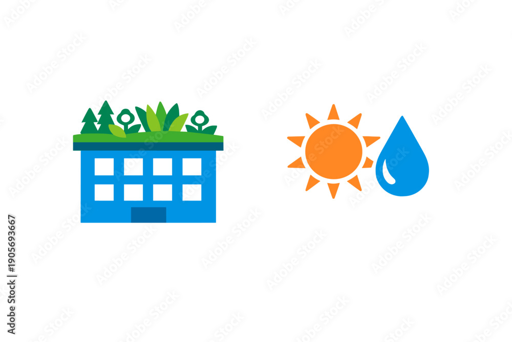 Obraz premium A flat vector illustration featuring a blue building with a green roof garden alongside icons of an orange sun and a blue water drop, representing sustainable architecture.