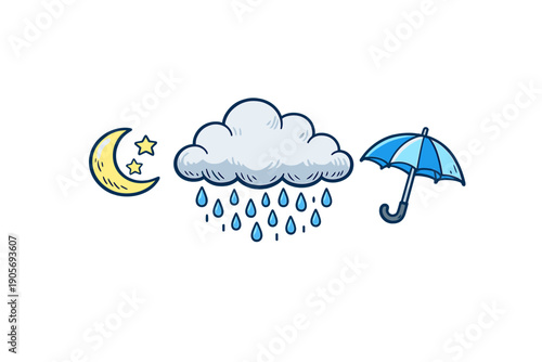 A cartoon illustration featuring a yellow crescent moon with stars, a white cloud with blue raindrops falling from it, and an open blue umbrella against a solid black background.