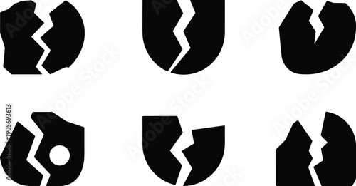 Black and white cracked circle icon set, broken shape artwork, surreal abstract design, jagged separation illustration, minimalist symbolic concept