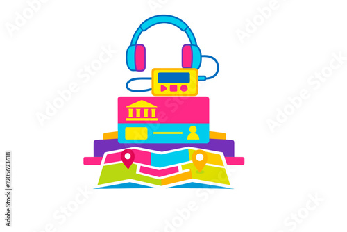 A colorful vector illustration featuring a stack of travel items including headphones, a digital music player, a museum pass card, and a folded map with location pins on a black background.