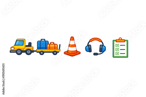 A collection of four airport ground service icons including a baggage tractor with luggage, an orange traffic cone, a communication headset, and a green checklist on a clipboard.