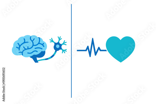 A flat vector illustration on a black background showing a blue brain and neuron on the left, separated by a vertical line from a blue heart and heartbeat line on the right.