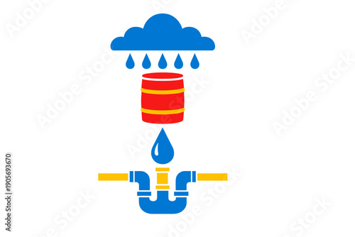 A stylized illustration depicting rainwater harvesting with a blue cloud raining into a red barrel, which then drips into a blue plumbing pipe system on a black background.