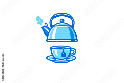A blue kettle with steam and a yellow droplet rising from its spout is positioned above a matching blue teacup and saucer. The teacup contains a tea bag, all set against a black background.