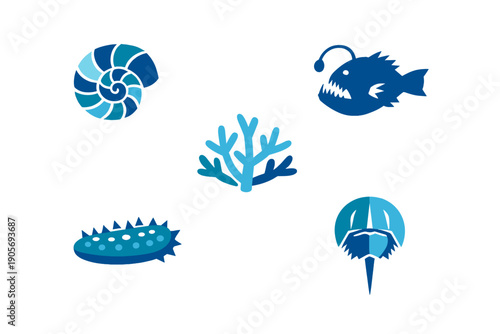 A collection of five blue marine life icons including a nautilus shell, anglerfish, coral, sea cucumber, and horseshoe crab, all set against a solid black background.