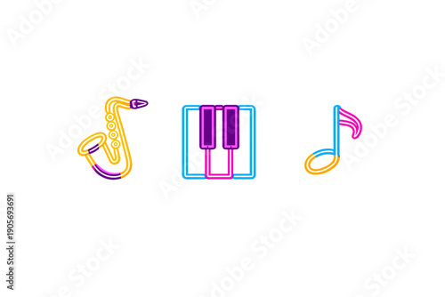 A collection of three neon music icons featuring a saxophone, piano keys, and a musical note. The vibrant glowing lines stand out against a dark black background in a minimalist style.