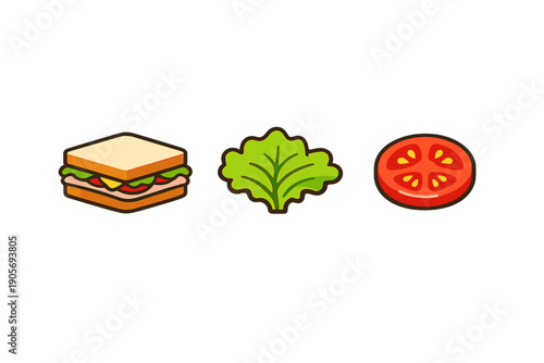 A set of three cartoon food icons featuring a layered sandwich, a fresh green lettuce leaf, and a red tomato slice, all isolated on a solid black background for graphic design.