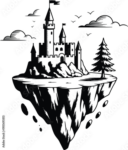 Black and white floating island castle illustration, fantasy artwork, medieval towers, pine tree, clouds, birds, imaginative surreal landscape design