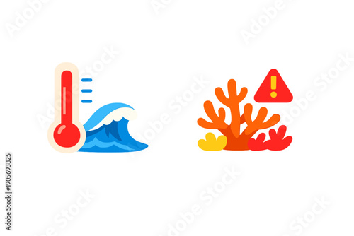 A vector illustration showing a high temperature thermometer by an ocean wave and a coral reef with a warning symbol, depicting the threat of global warming to marine ecosystems.