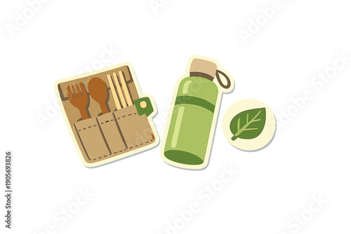 This illustration features a set of sustainable products like a wooden fork, spoon, and chopsticks in a cloth wrap, alongside a green reusable bottle and a leaf symbol.