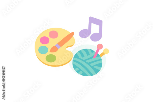 A colorful illustration featuring a painter's palette with a brush, a purple musical note, and a ball of teal yarn with knitting needles, representing various creative hobbies and arts.