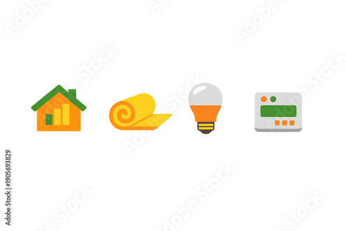 A set of four flat vector icons illustrating energy saving concepts like home insulation, efficient lighting, smart heating control, and residential power consumption monitoring.