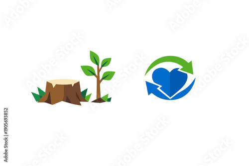 A flat vector illustration featuring a tree stump next to a young sapling and a blue heart icon with recycling arrows, symbolizing environmental conservation and reforestation.