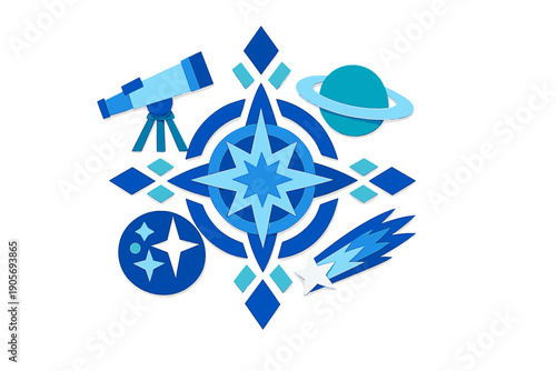A collection of blue space-themed icons including a central star, a telescope, a ringed planet, and a shooting star, all presented in a layered vector style on a black background.