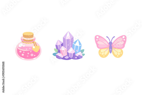 A collection of three cute vector illustrations featuring a pink potion bottle with a heart charm, a cluster of purple and blue crystals, and a colorful pastel butterfly on a black background.